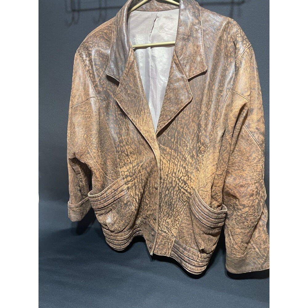 Vintage 90s SKINDEEP Acid Wash Leather Jacket Women’s 16 Oversized Brown Dolman